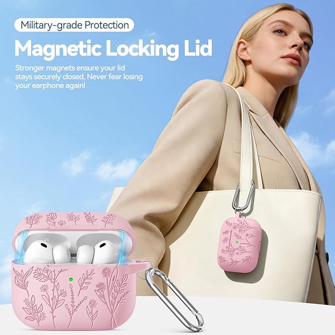for Airpods Pro 3 Case with Magnetic Lid, Flower Engraved Cases for Apple AirPods Pro 3rd Generation 2025, Soft Silicone Cover for Women Girly with Cleaner & Keychain, Shockproof