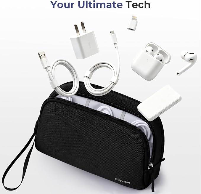 Skycase Travel Cable Organizer - Lightweight Water Resistant Dual-Layer Tech Pouch with Wrist Strap 10 Compartments Electronic Organizer Travel Case for Charger Cord Hard Drive,Medium,Black