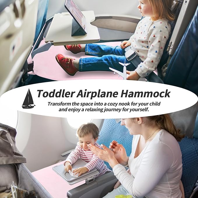 Toddler Airplane Bed, Portable Kids Airplane Seat Extender, Airplane Travel Essentials for Toddlers, Comfortable Footrest for Kids, Must-Have Toddler Travel Bed for Flights (Pink)