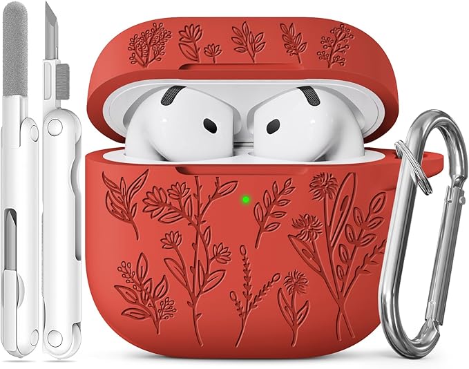 for Airpods 4 Case, Ekoonpft Flower Engraved Cases for Apple AirPods 4th Generation 2024, Soft Silicone Cover for Women Girly with 3-in-1 Cleaner Kit, Keychain, Military Grade Protection