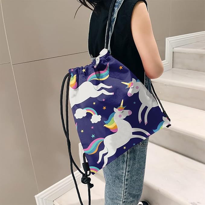 Drawstring Backpack for String Bag Waterproof Cute Sports Beach Swimming Travel (13"×17")-Blue Unicorn