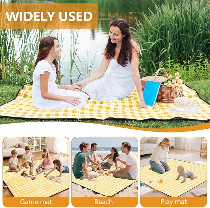 OBTANIM Extra Large Picnic Blanket 80 x 80 Inch Waterproof Foldable Beach Blankets Outdoor Picnic Mat for Camping Grass Lawn Park Music Festival Party Accessories (Yellow and White)