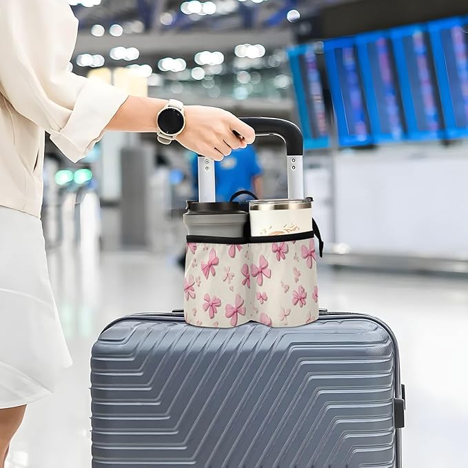 Luggage Cup Holder for Suitcases Free Hands Suitcase Cup Holder Travel Luggage Drink Holder Portable Luggage Cup Caddy Bag Carrier with Handle Pink Bow Cute