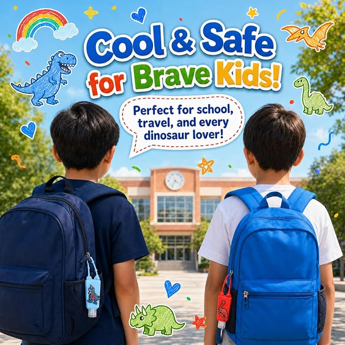 5-Pack Kids Cartoon Hand Sanitizer Holder (No Sanitizer Included), 30ml Refillable Travel Bottles with Silicone Case, Leak-Proof for Lotion & Liquid Soap (Roar Dino)