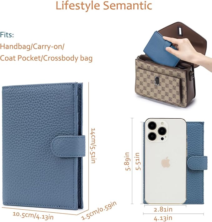 Leather RFID Blocking Passport Holder for Travel Women – Multiple Slim Passport Wallet for Women with Card Slots, Zippered Coin Pocket & Travel Passport Cover Case Gift Ready– Denim Blue
