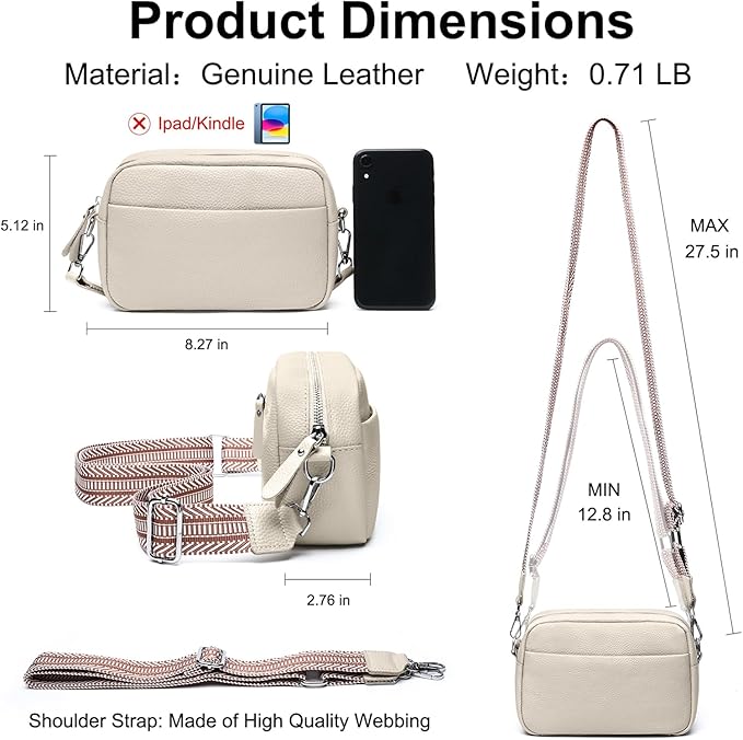 Small Crossbody Bags for Women Genuine Leather, Guitar Strap Shoulder Handbag Purse Camera Bag with Rfid Card Slots, Beige