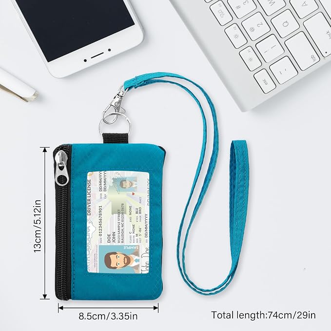 Minimalist RFID Wallet with Lanyard, Multi-Functional ID Case with 2 Zipper Pockets and Key Chain for Men and Women, Tactical Badge Pouch Cards Holder, Coin Purse for Travel Sports - Blue