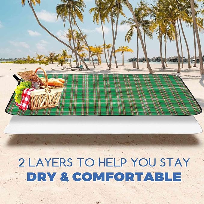Beach Picnic Blanket, Sandproof Waterproof Camping Blankets Large, Outdoor Sandfree Foldable Mat 55x40in, Oversized Packable Family Mats for Hiking, Camping, Park, Travel, Grass Concert-Green
