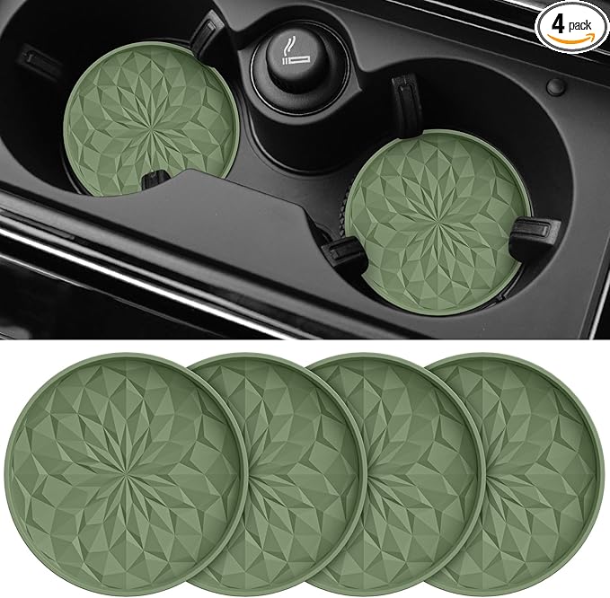 ME.FAN Car Coasters for Cup Holders [4 Pack] - 2.75In Silicone Auto Mug Mats - Universal Non-Slip Recessed Car Interior Accessories Olive Green