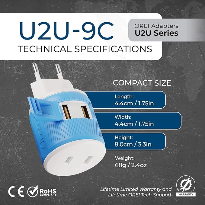 OREI European Travel Plug Adapter with Dual USB - for Most of Europe - Type C (U2U-9C), Will Work with Cell Phones, Camera, Laptop, Tablets, iPad, iPhone and More