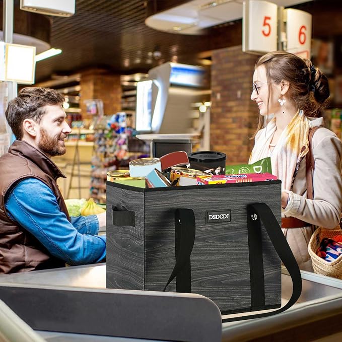 Reusable Grocery Bags - Heavy Duty Reusable Shopping Bags with Hard Bottom & Long Handles, Foldable Large Utility Tote Bag with Box Shape to Stand Up - for Kitchen, Picnic, 3 Pack, Grey