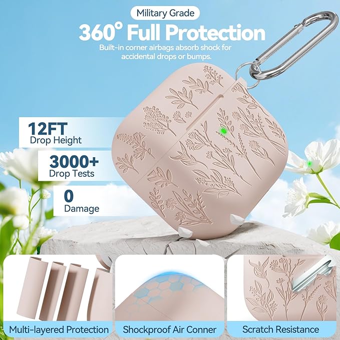 Flower Engraved Case for Apple AirPods Pro 2nd/1st Generation, Soft Silicone AirPods Pro 2 Gen Protective Case Cover for Women Airpod Case with Clean Kit,Carabiner,Front LED Visible,Sand Powder