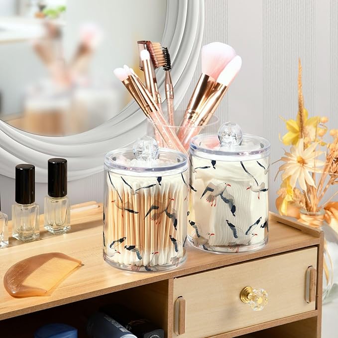 2 Pack Qtip Holder Organizer Dispenser Seagull Pattern Bathroom Storage Canister Cotton Ball Holder Container for Cotton Pads/Swabs/Floss