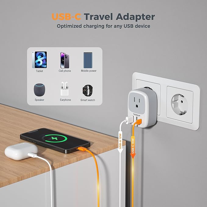TESSAN European Travel Plug Adapter, Europe Power Adaptor 3 USB Ports (1 USB C), International Type C Outlet Charger to Most of EU Iceland Spain Italy France Germany (Not Voltage Converter)