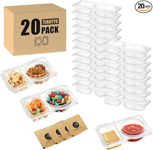 20 Pack 2 Compartment Snack Containers with Lids – Leak-Proof, Reusable Plastic Snack Packs for Adults, Divided Small Snack Containers for Lunch, Meal Prep, Dips, Salads