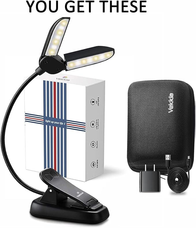 Vekkia 14 LED Book Light with Charger & Travel Case, Cover Both Page, Warm/White Reading Light with Clamp, Lightweight Eye Care Book Lamp, Great for Readers