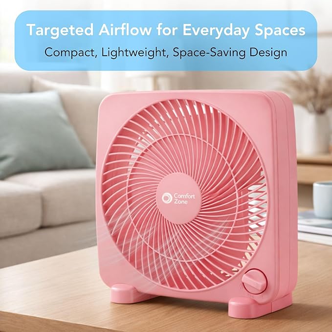 Comfort Zone 9-inch Portable Box Fan – Compact Desktop Cooling Fan with 3-Speeds, Quiet Operation, Built-in Carry Handle & Safety Grill – ETL Listed for Home, Office, or Dorm – Pink