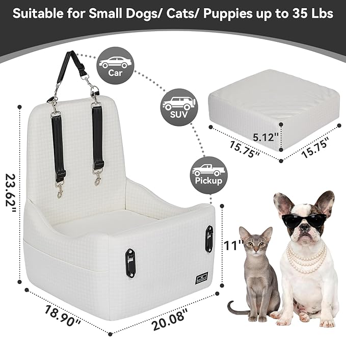 PETSFIT Dog Booster Car Seat for Small/Medium Dogs Up to 35 lbs – Patented Safety System, 5" Memory Foam Pet Car Seat, Fully Detachable and Washable Cover, Front/Back Seat Travel Booster (Beige)