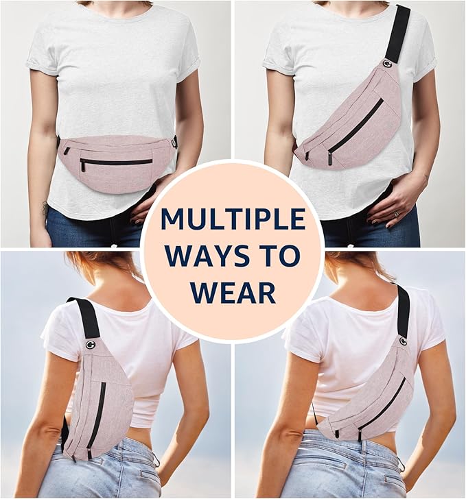 HiRui Large Crossbody Fanny Pack for Men Women Waist Bag Pack with 4-Zipper Pockets Phone Bag Fits All Phones Wallet Keys, Casual Hands-Free Waist Pack for Travel Workout Running (Pink)