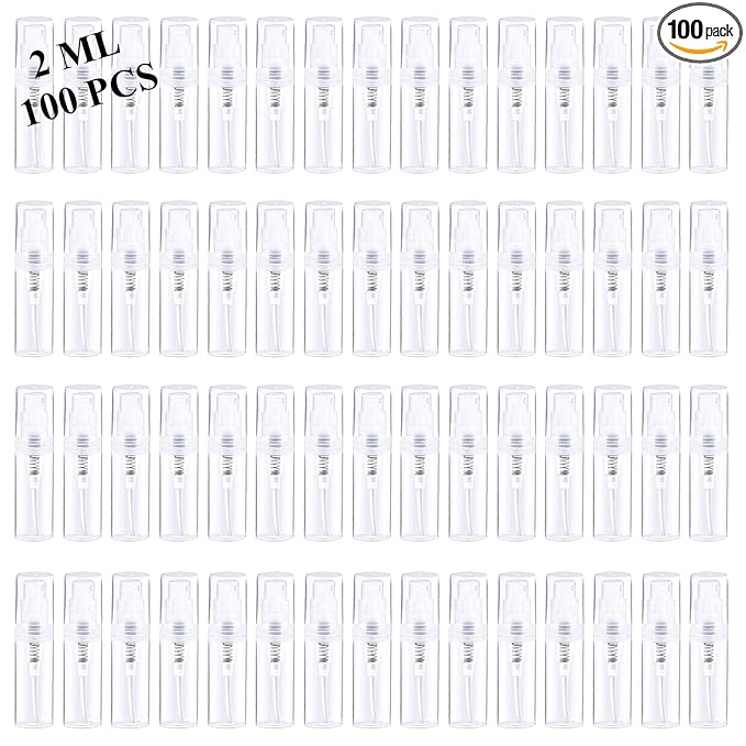 Mini Spray Bottle 100PCS 2ML Clear Plastic Empty Sample Containers Fine Mist Perfume Travel Refillable Spray Bottle Perfume Atomizer Small Travel Size Spray Bottle for Cleaning, Essential Oils