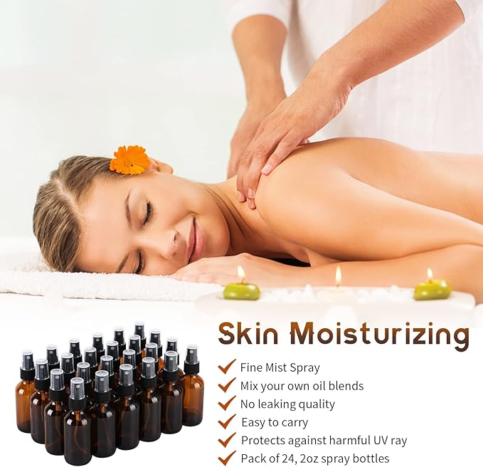 24 Pack Amber Glass Spray Bottles, 2oz/60ml Empty Glass Spray Bottles with Fine Mist, Small Leak Proof Travel Dispenser Bottles for Essential Oils, Bath, Beauty, Hair & Cleaning