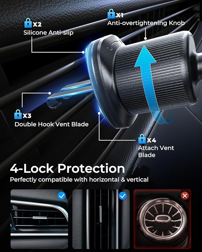 MRGLAS Phone Holders for Your Car Vent with Double Metal Hook Clip, 【One-Hand Operation】 Air Vent Cell Phone Car Mount, Universal Automobile Cradle Fit for iPhone 17 Android and All Smartphones