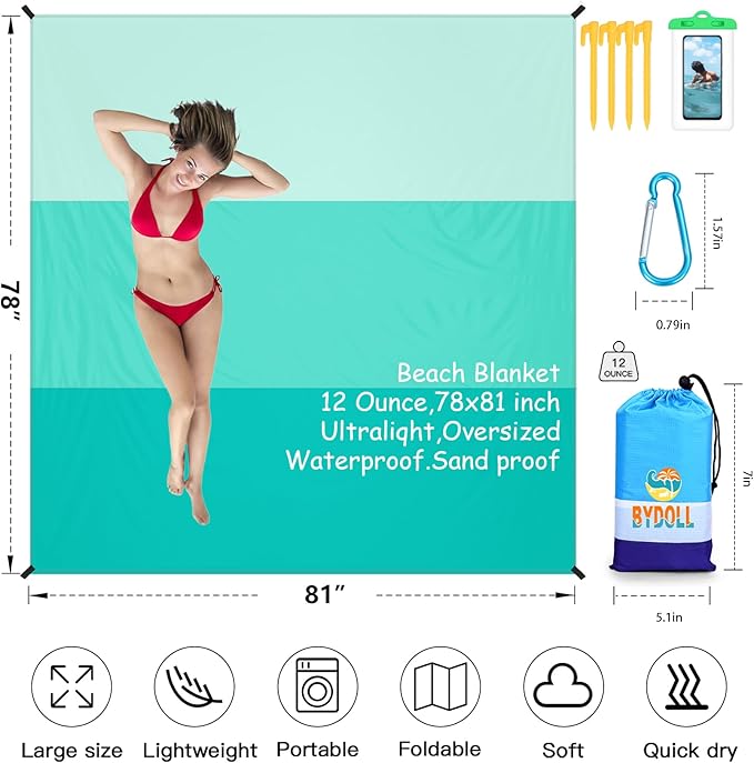 BYDOLL Beach Blanket Waterproof Sandproof Large Sand Free,78''X81''/10'X9' Oversized Sandless Lightweight Blanket Picnic Mat for Beach Travel Camping Hiking with Stakes