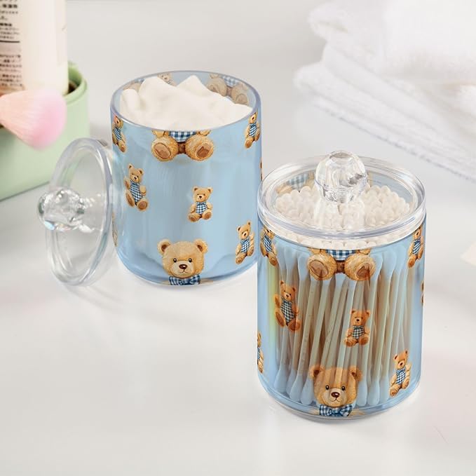 2 Pack Qtip Holder Organizer Dispenser Cute Bears Bathroom Storage Canister Cotton Ball Holder Container for Cotton Pads/Swabs/Floss