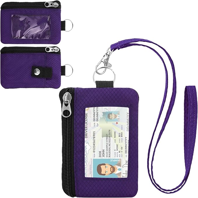 Minimalist RFID Wallet with Lanyard, Multi-functional ID Case with 2 Zipper Pockets and Key Chain for Men and Women, Tactical Badge Pouch Cards Holder, Coin Purse for Travel Sports - Dark Purple