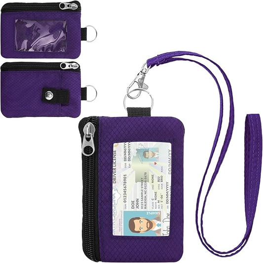 Minimalist RFID Wallet with Lanyard, Multi-functional ID Case with 2 Zipper Pockets and Key Chain for Men and Women, Tactical Badge Pouch Cards Holder, Coin Purse for Travel Sports - Dark Purple