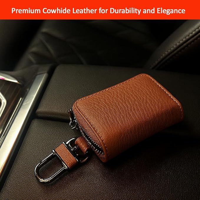 Leather Car Key Case with Zipper, Compact Smart Key Fob Holder with Keychain, Portable Car Key Organizer Pouch