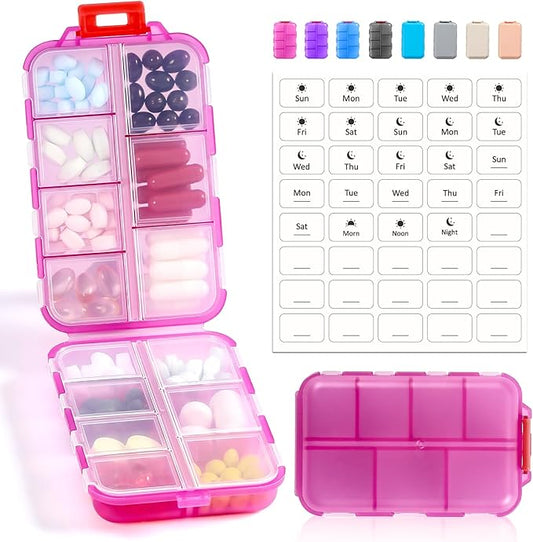 14 GRIDS Travel Pill Organizer Box with Labels - Travel Medicine Case Kit - Pocket Daily Pharmacy Container - Travel Medication Holder Dispenser for Fish Oil Vitamin Supplement Storage - Clear Pink