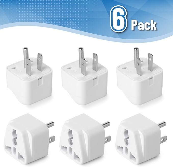 Bates- Universal Adapter, 6 Pack, White Travel Adapter, UK to US Plug Adapter, Universal Plug Adapter Plug, Universal Travel Adapter, European to American Plug Adapter, Europe to US Plug Adapter