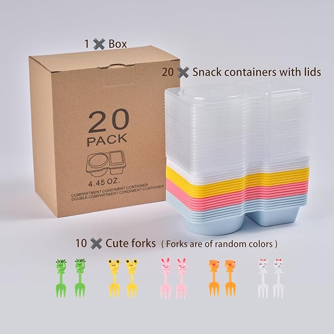 20 Pack 4.5 Oz Reusable Snack Containers with Lids,Disposable 2-Compartment Snack Pack Containers with Forks,Small Snackle Box Sauce Condiment Portion Control Meal Prep Container for Picnic Travel