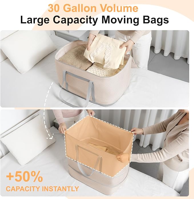Comforter Storage Bag - 120L Bedding Storage Bags for Moving Closet, Washable Blanket Storage Bag, Ultra Space Saving Self Compression Organizer 4-Pack, Beige
