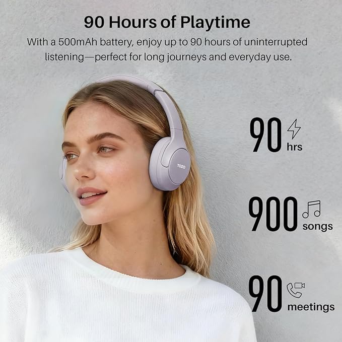 TOZO HT3 Hybrid Noise Cancelling Headphones, 90H Battery Life Wireless Over Ear Bluetooth 6.0 Foldable Headset, AI Voice Assistant with 5 Mics, Connect 2 Devices & Hi-Res Sound, 32 Audio EQ, with Case