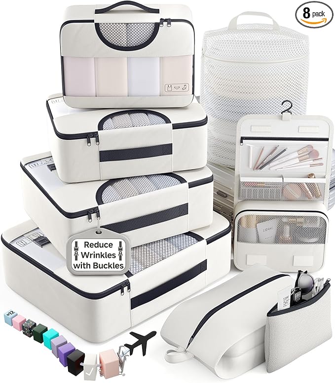 Veken 8 Set Packing Cubes for Travel Essentials,Anti-Wrinkle Buckled Suitcase Organizer for Shoe & Toiletry Bag,Carry On Luggage Bag for Airplane & College Dorm Room Accessories,Women Men Gifts