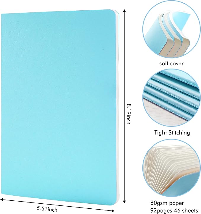 feela 16 Pack Soft Cover Journal Bulk, Lined Notebooks College Ruled for Work for Women Girl Writing, Blank Travel Journal Note Taking Notebook School Business Supplies, 8.2” x 5.5”, A5, Light Blue