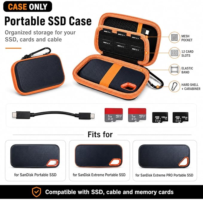 PAIYULE SSD Case for SanDisk Extreme Portable SSD Old & New Model and Extreme PRO,Hard Shell Protective Storage Bag, Fits 1TB 2TB 4TB 8TB External Solid State Drive for Travel (Orange SD Card Pocket)