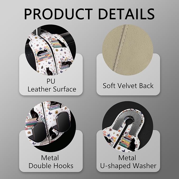 Blusabaca 2PCS Car Hooks for Purses Bags, Book Lover Bookish Black Cat Seat Back Storage Headrest Holder Hanger PU Leather Double Metal Backseat Organizer, Women Car Accessories Organization