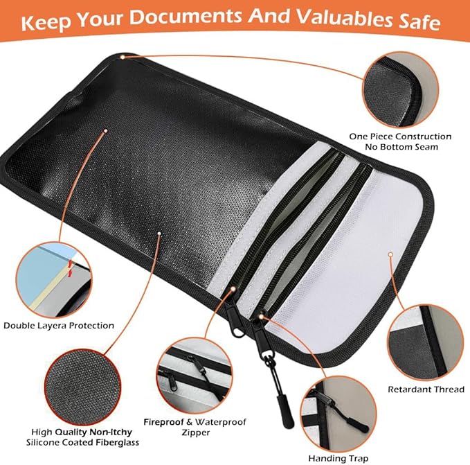 Fireproof Waterproof Document Bag - 2000℉ Protection, Upgraded Two Pockets, Reflective Strips | 2 Sizes (5x8in & 11x15in) | Certified Fire Safe Bag for Cash, Passports & Legal Files (Black)