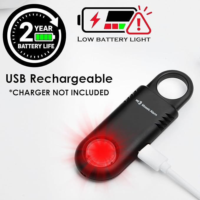 135dB Rechargeable Personal Safety Alarm Built-in Ultra-Bright Flashlight. Non Slip Grip Keychain Emergency SOS Siren for Women, Students, Night Runner. Loud Sound Hiking Bear Alerts with Hook. Black