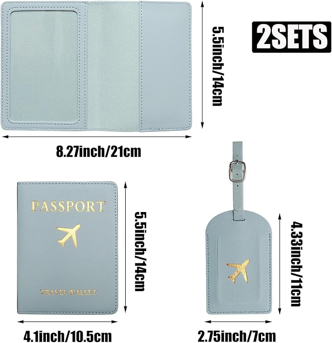 2 Sets Passport Covers Holder and Luggage Tags Set, Leather Travel Luggage Tags Gift for Bridal Shower, Wedding Engagement, Couple Honeymoon Travel(Pink&Blue)