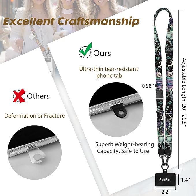 Icycay Phone Lanyard Crossbody, Gothic Skull Book Cell Phone Strap for Around The Neck Adjustable, Goth Teacher Anti Theft Cute Lanyard Case ID Holder Keys Accessories Travel Essential