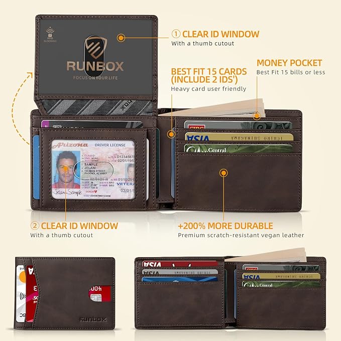 RUNBOX Wallet for Men -Slim Rfid Leather Mens Bifold Novelty Wallets 2 ID Window With Gift Box Men's Accessories | Slim