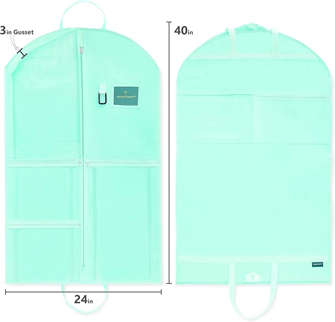 Waterproof Hanging Garment Bag 40 inch Clothes Bag with Gusset, 5 Pockets & Side Zip for Dance Costumes, Sports, Skating, Theatre, Beauty Pageants, Cheer & More by Kendall Country, Sea Foam Green