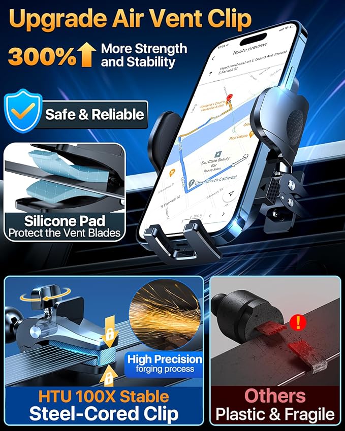 HTU Car Phone Holder【2026 Upgraded 100+LBS Suction & Safety Cert】 Cell Phone Car Mount for Truck Heavy Duty Phone Holder for Dashboard/Windshield/Vent for iPhone 17 16 Pro Max, Purple