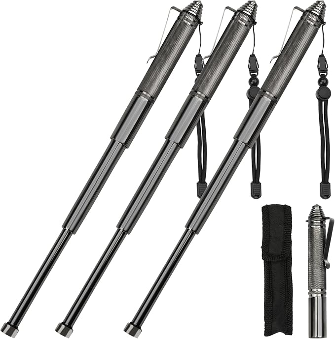 Retractable Trekking Pole for Hiking, 12.2" Compact Folding Walking Stick - Lightweight High-Hardness Alloy Steel, Adjustable Wrist Strap & Carry Holster for Backpacking and Outdoor Survival