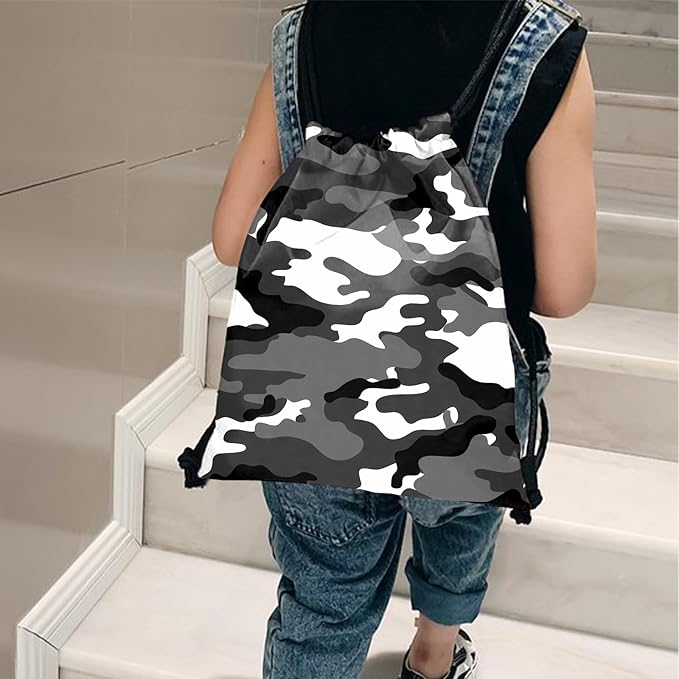 Drawstring Backpack for String Bag Waterproof Cute Sports Beach Swimming Travel (13"×17")-Black Camouflage