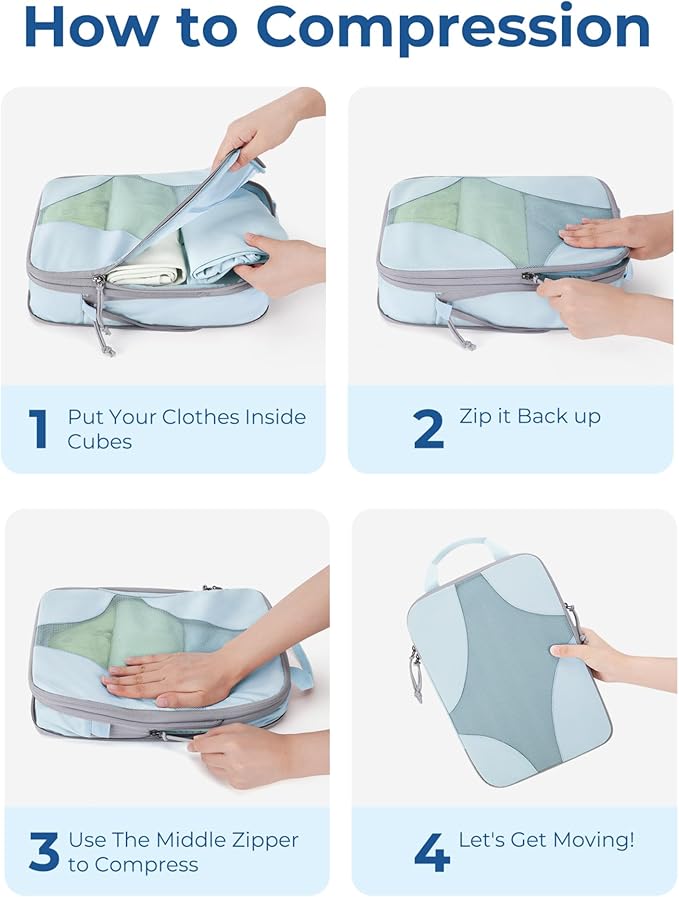 BAGSMART Compression Packing Cubes for Travel, 6 Set/14 Set Compressible Luggage Organizer for Cruise Ship, Lightweight Travel Essentials (1L+2M+2S+Shoe bag+Drawstring bag+Toiletry bag+6Plastic bags)